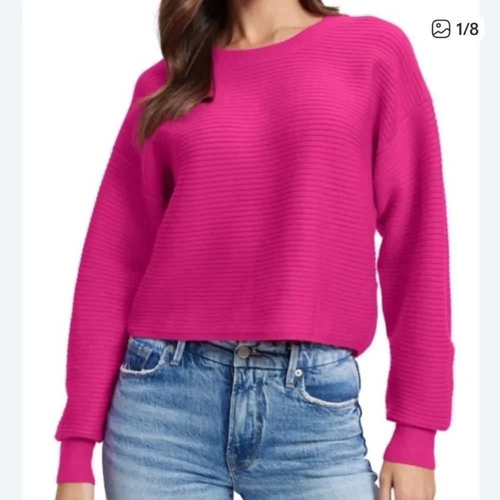 Good American Pink Fuchsia Knit Ribbed Crewneck Sweater Oversized XS/S